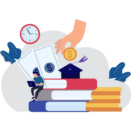 Boy working on laptop and making budget  Illustration