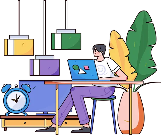 Boy working on laptop at home  Illustration