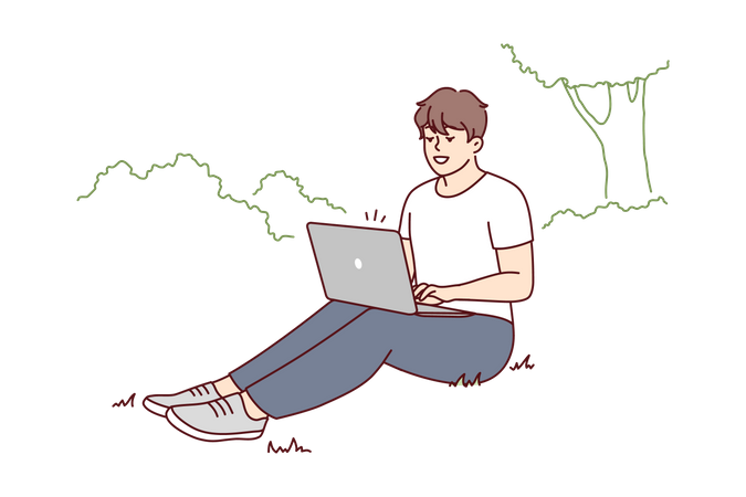 Boy working on laptop at park Illustration