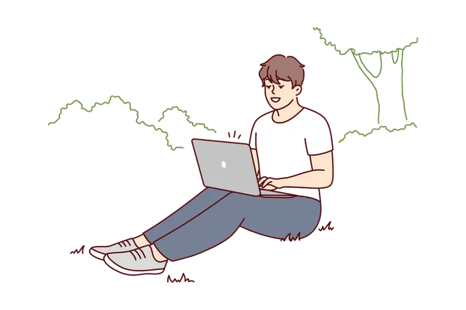 Boy working on laptop at park Illustration