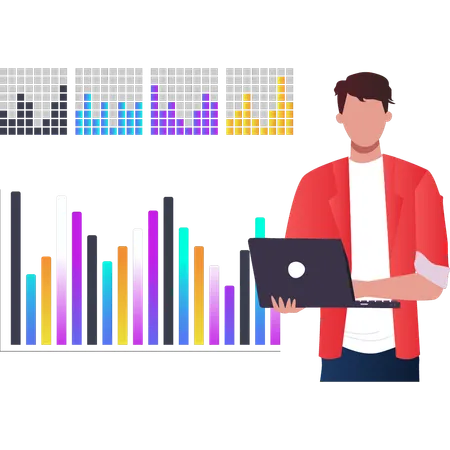 Boy working on laptop on bar graph  Illustration