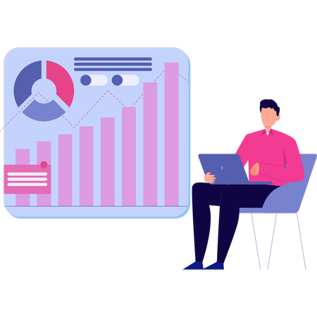 Boy working on laptop on finance graph  Illustration