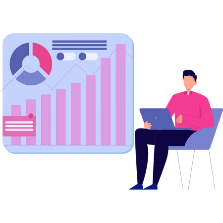 Boy working on laptop on finance graph  Illustration