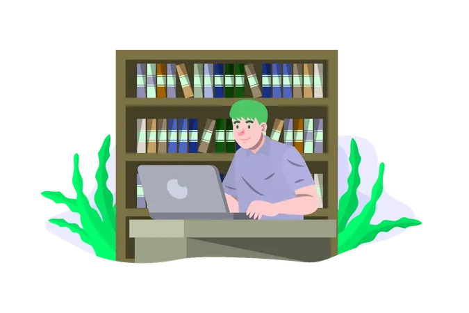 Boy working on laptop in library Illustration