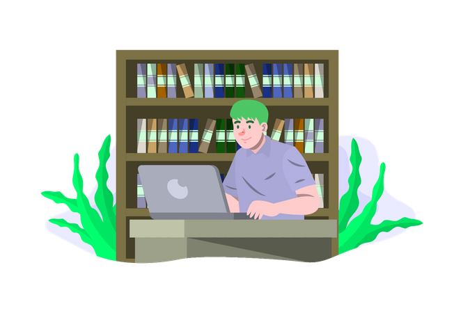 Boy working on laptop in library  Illustration