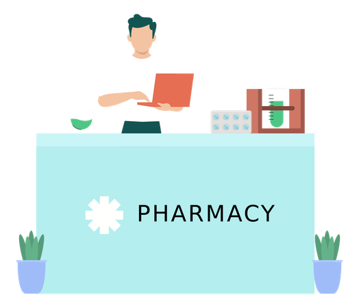 Boy Working On Laptop In The Pharmacy  Illustration