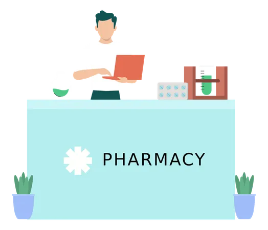 Boy Is Working On Laptop In The Pharmacy Illustration