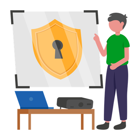Boy working on laptop security  Illustration