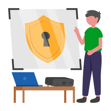 Boy working on laptop security  Illustration