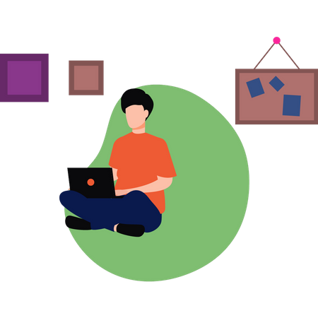 Boy working on laptop on sofa  Illustration