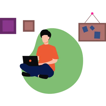 Boy working on laptop on sofa  Illustration