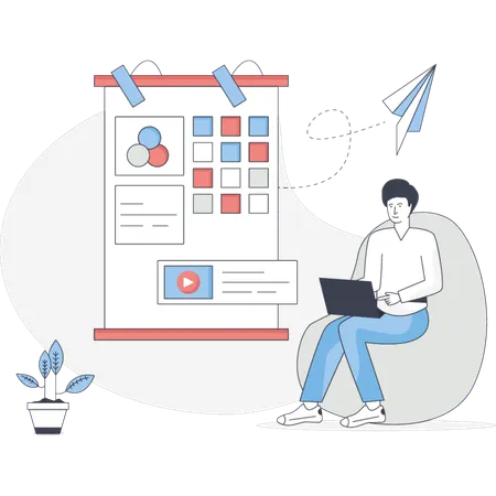 Boy Working On Laptop while checking marketing plan and video  Illustration