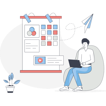 Boy Working On Laptop while checking marketing plan and video  Illustration