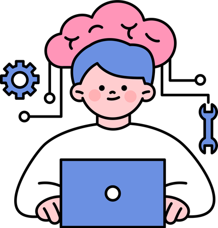 Boy working on laptop while managing brain  Illustration