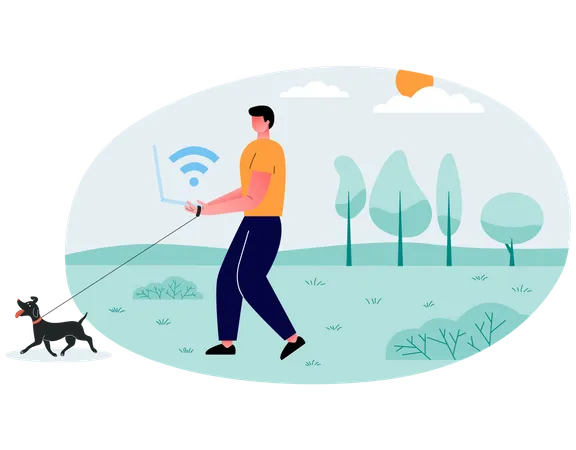 Boy working on laptop while walking with dog  Illustration