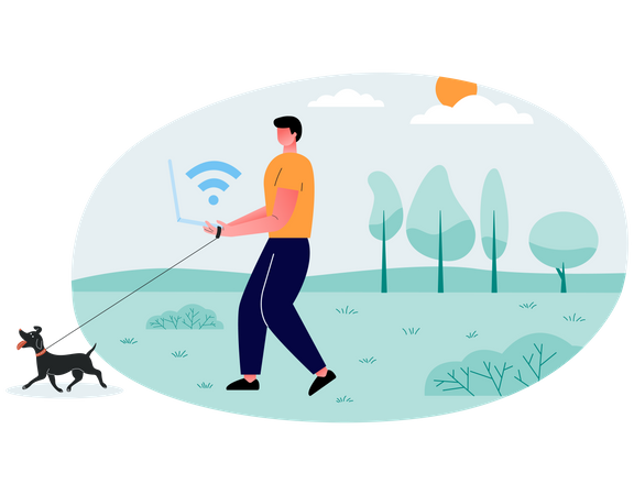 Boy working on laptop while walking with dog  일러스트레이션