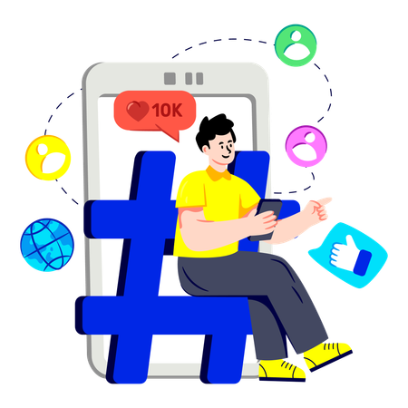 Boy working on Mobile Hashtag  Illustration