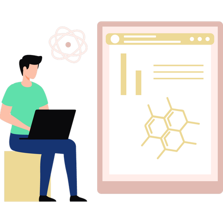 Boy working on molecular structure on laptop  Illustration