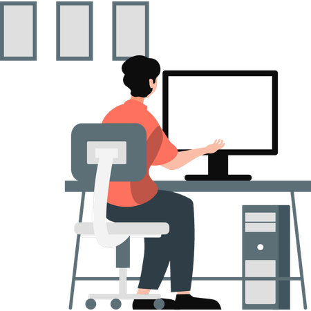 Boy working on monitor in office  Illustration