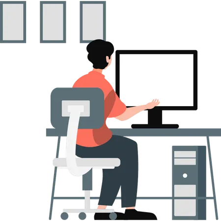 Boy Is Working On Monitor In Office Illustration