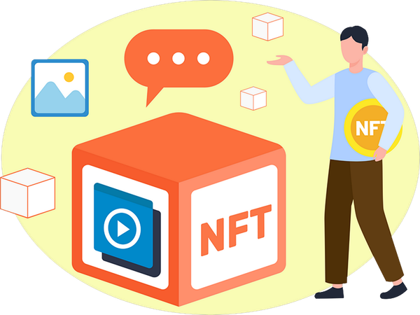 NFTブロックチェーンに取り組む少年  イラスト