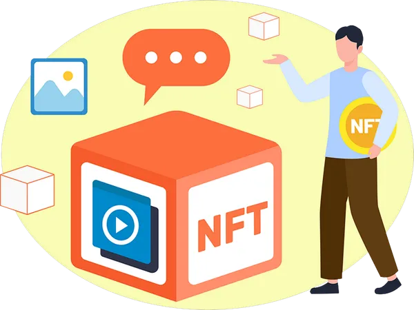 NFTブロックチェーンに取り組む少年  イラスト