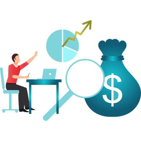 Boy working on pie chart on laptop  Illustration