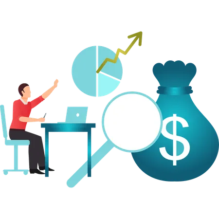 Boy working on pie chart on laptop  Illustration