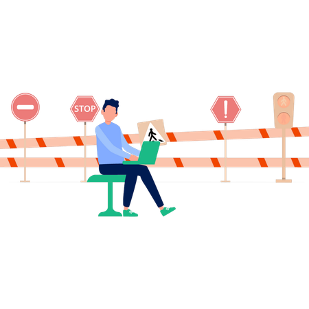 Boy working on road crossing signs  Illustration