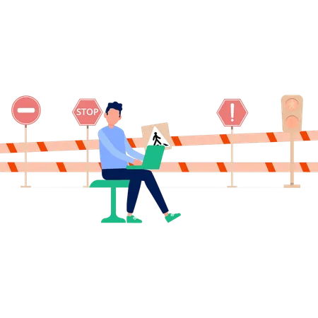 Boy working on road crossing signs  Illustration