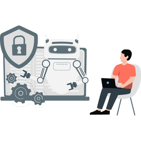 Boy working on  robot and lock security  Illustration