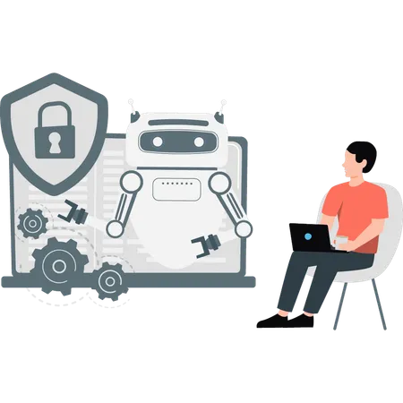 Boy working on  robot and lock security  Illustration