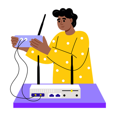 Boy working on router configuration  Illustration