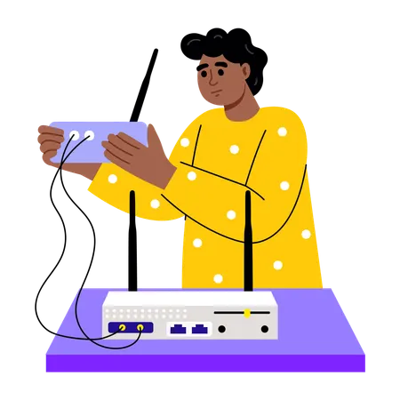 Boy working on router configuration  Illustration