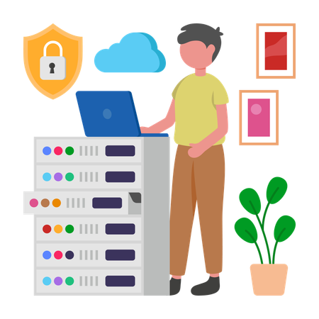 Boy working on Secure Server  Illustration