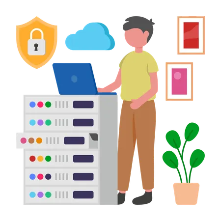 Boy working on Secure Server  Illustration