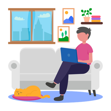 Boy Working on Sofa  Illustration