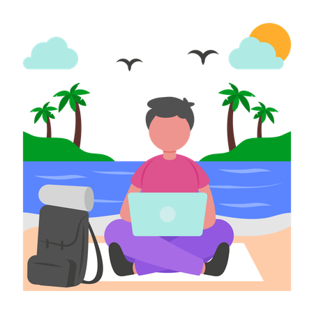Boy Working on Vacation  Illustration