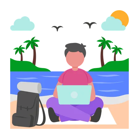 Boy Working on Vacation  Illustration