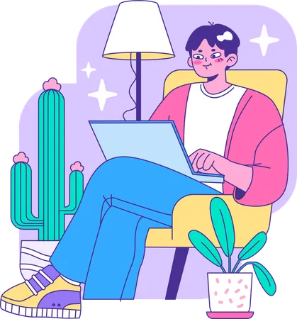 Boy working online on laptop  Illustration