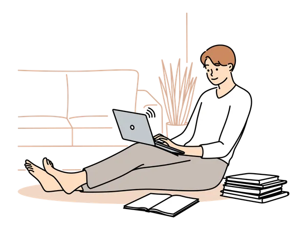 Boy working remotely from home  Illustration