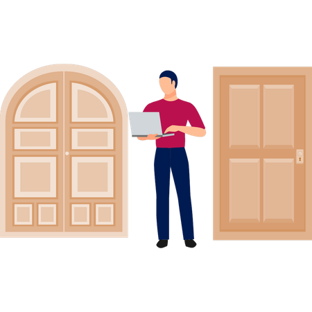 Boy working through doorway on laptop  Illustration