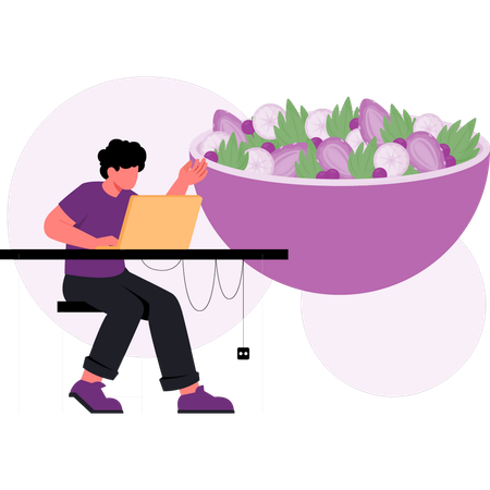 Boy  working  vegetable salad bowl  Illustration