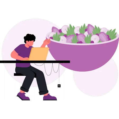 Boy  working  vegetable salad bowl  Illustration