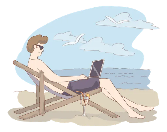 Boy working while on vacation  Illustration