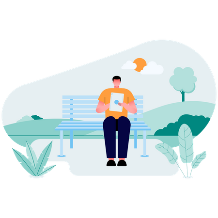 Boy working while sitting on bench Illustration