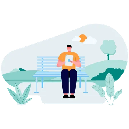 Relaxed Guy Sitting On On The Bench Reading In Good Natural Places Relax With Tablet Computer Remote Work Flat Vector Flat Illustration イラスト