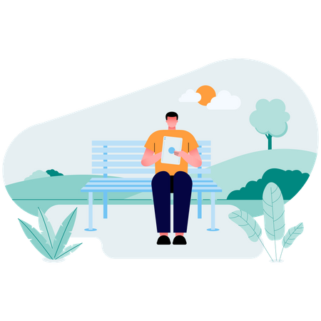 Boy working while sitting on bench  일러스트레이션