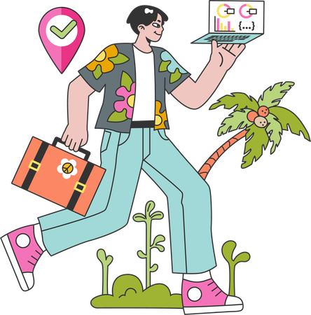 Boy working while travelling on the go  Illustration