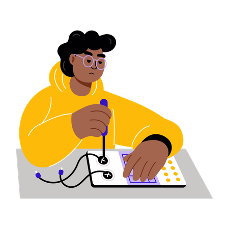 Boy working with circuit board  Illustration